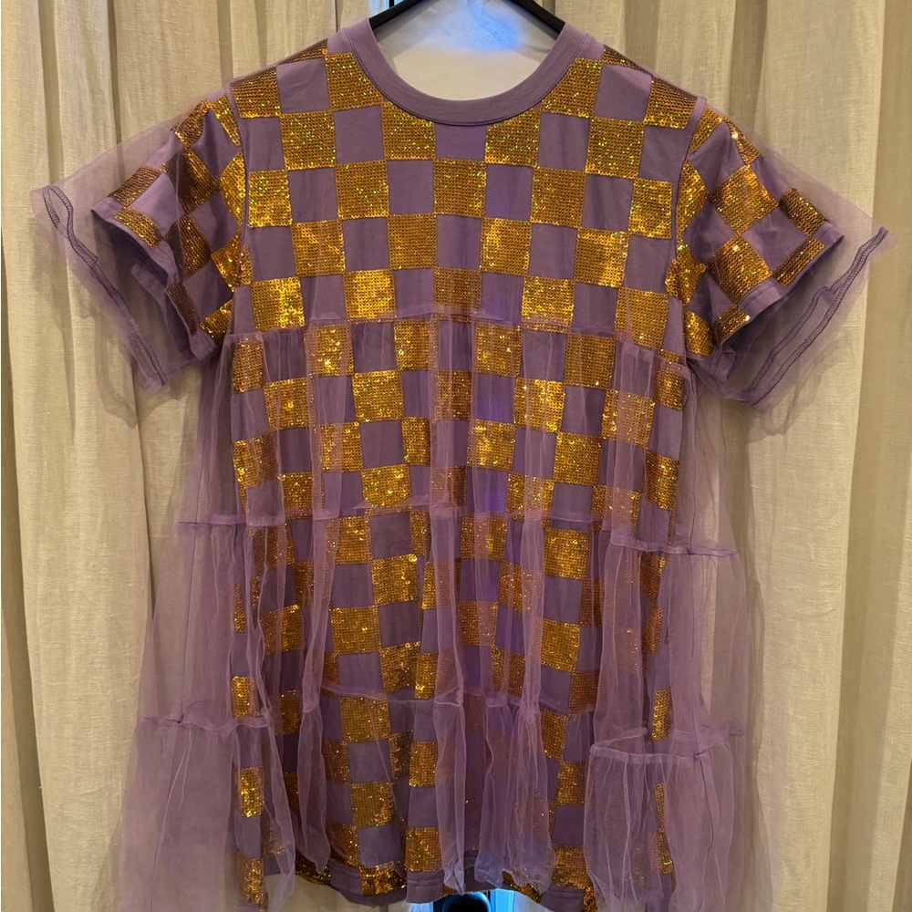 Queen of Sparkles Purple and Gold Checkered Tulle Dress